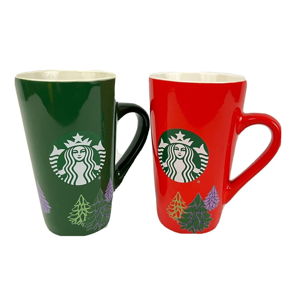 Starbucks 2020 Glass Tall Mugs Coffee Cups 16oz Green Red Christmas Holiday Tree